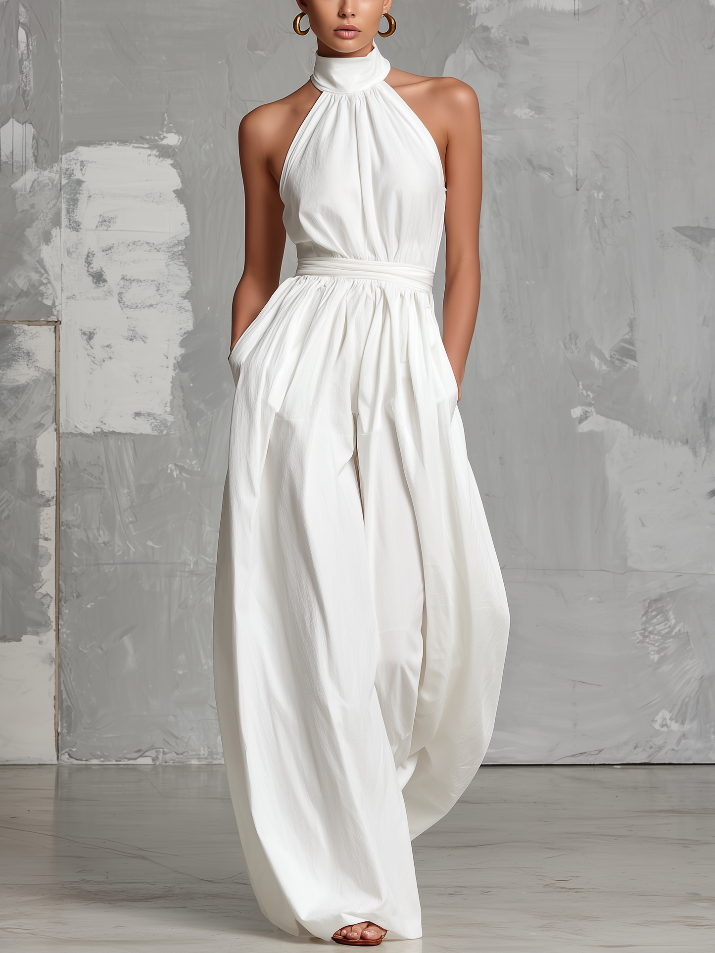Mono blanco elegante sin mangas con cuello halter