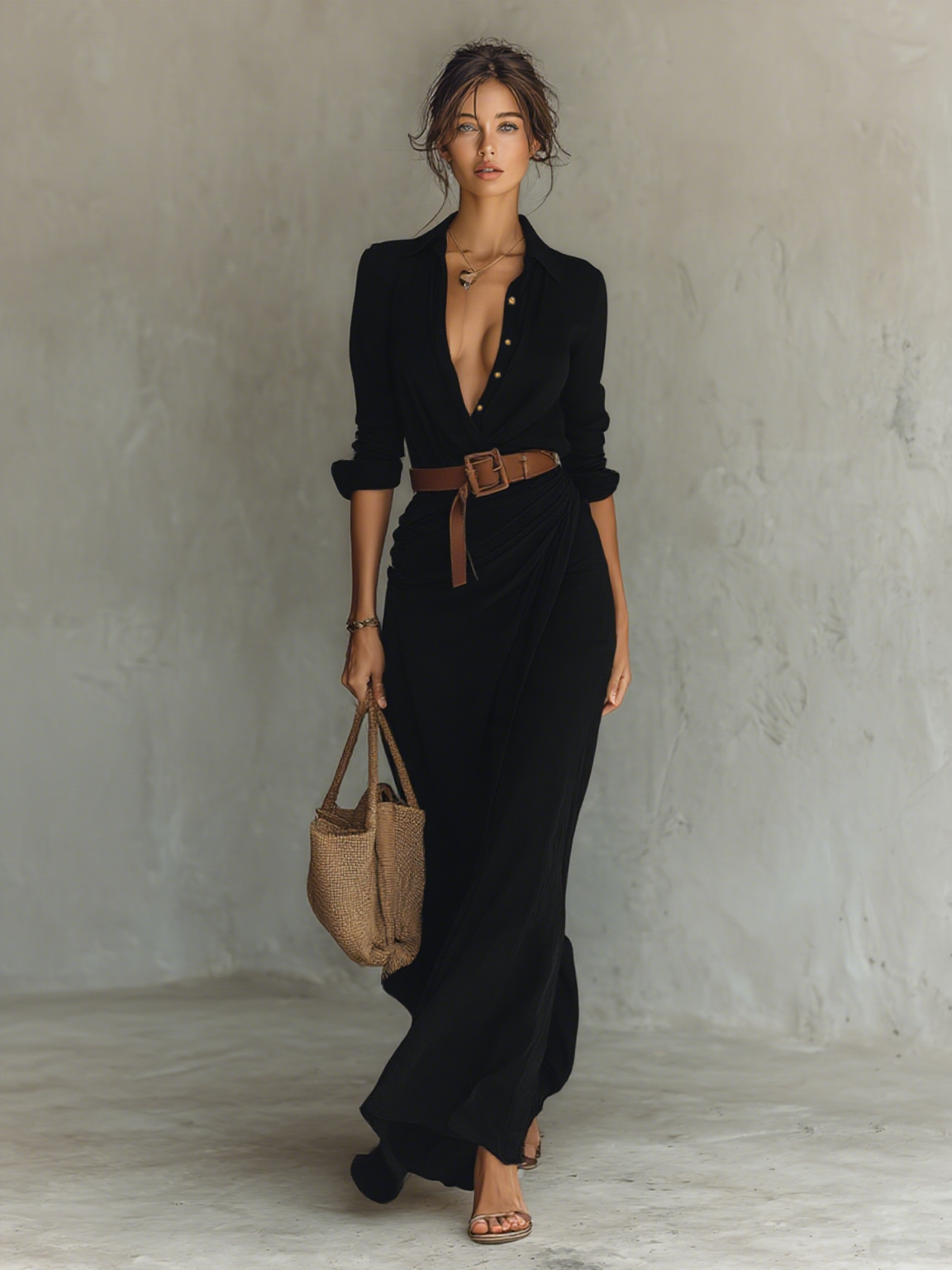 Vestido largo camisero con cuello solapa y cinturón