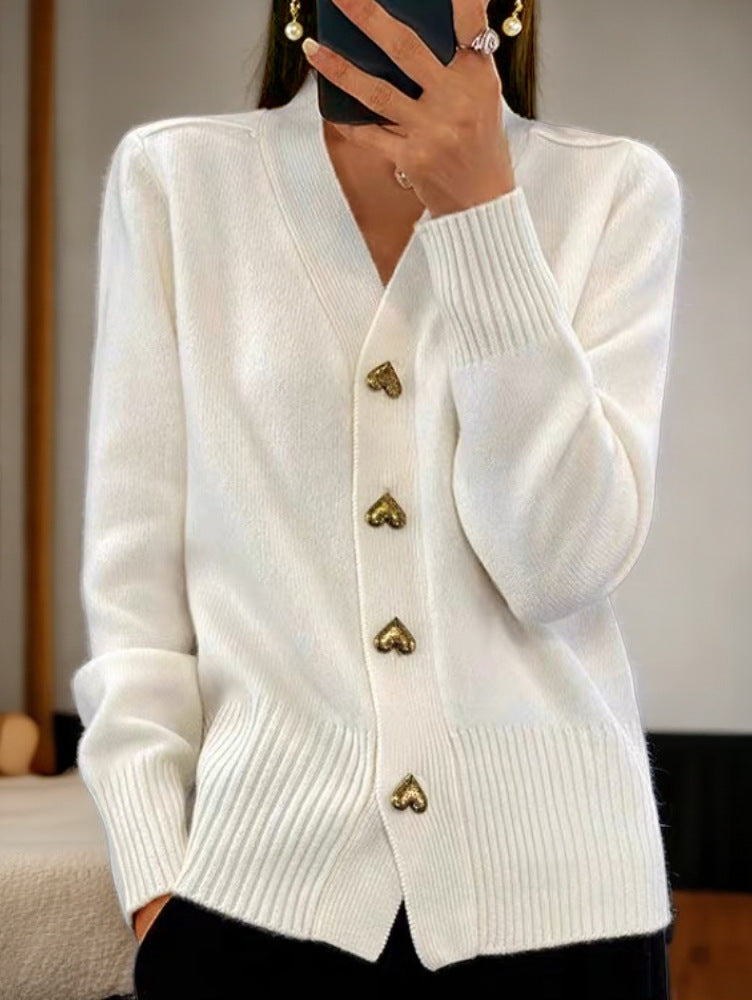 Marie - Cárdigan elegante de punto suave con botones dorados en forma de corazón