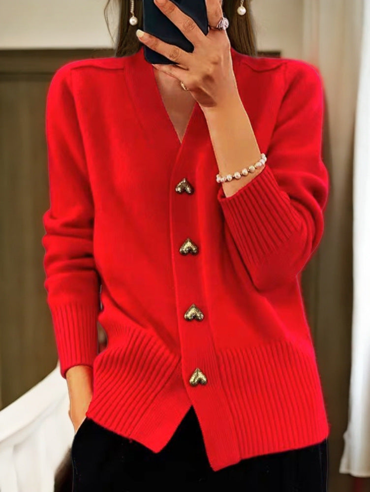 Marie - Cárdigan elegante de punto suave con botones dorados en forma de corazón