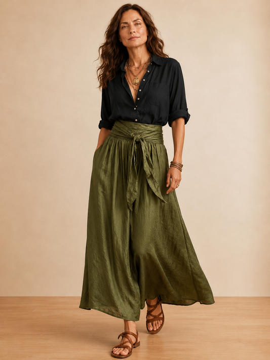Vera™ | Conjunto de dos piezas: camiseta negra y falda midi verde oliva