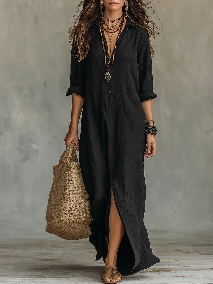 Soline™ | Vestido largo negro holgado con botones