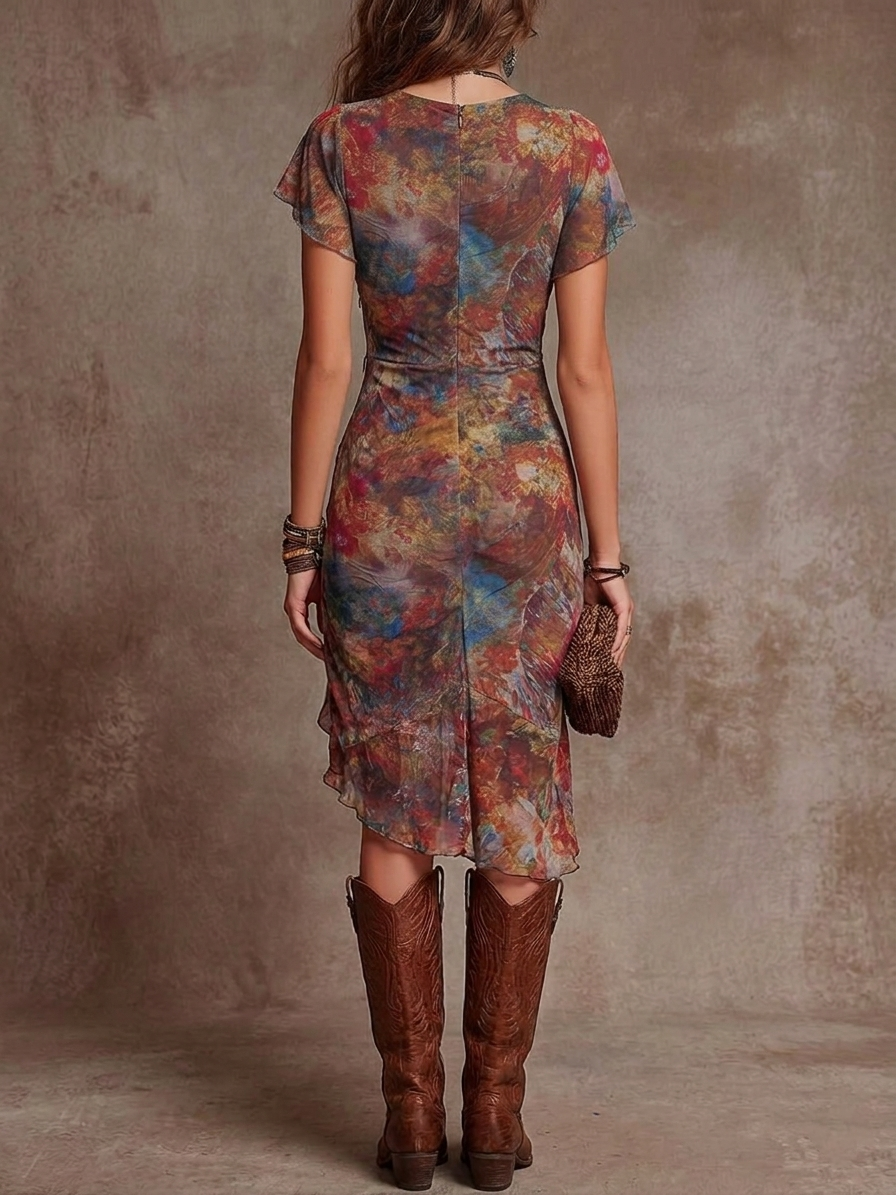 Martina | Vestido midi plisado con estampado bohemio