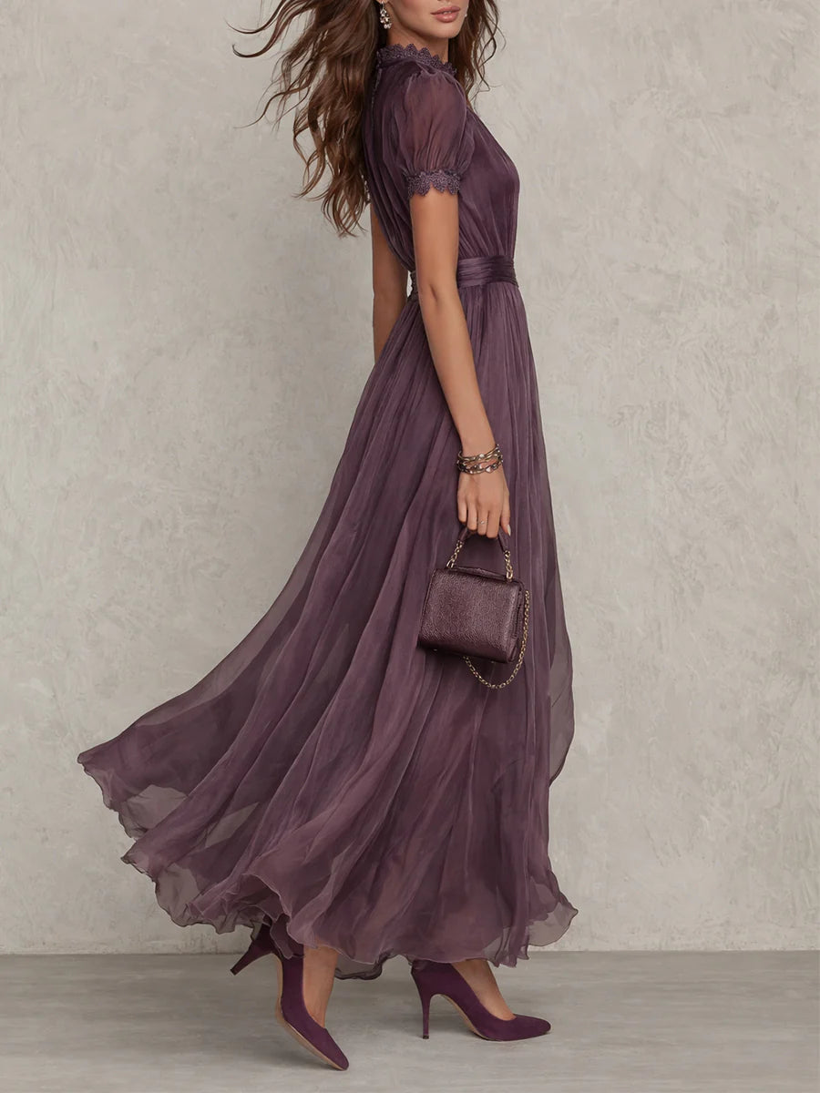 Flavia | Vestido largo de chiffon con encaje y escote lágrima