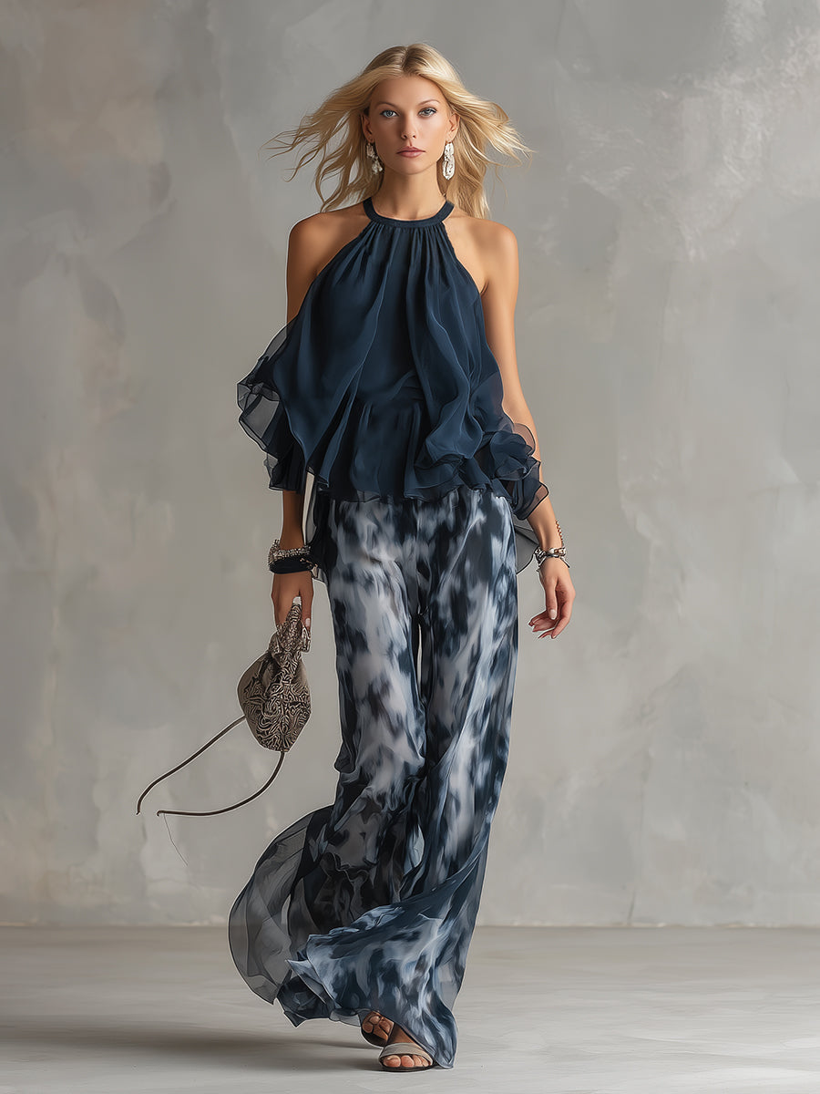 Lilla - Conjunto elegante con top de cuello alto y pantalón fluido estampado
