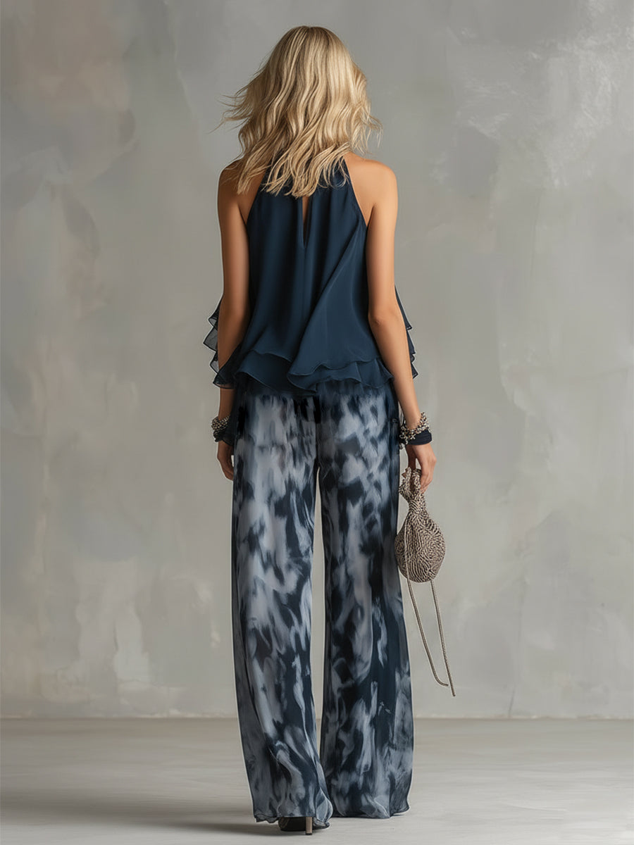 Lilla - Conjunto elegante con top de cuello alto y pantalón fluido estampado