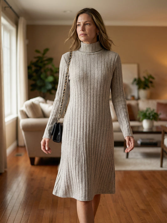 Chiara - Vestido de invierno de mujer de punto acanalado con cuello alto
