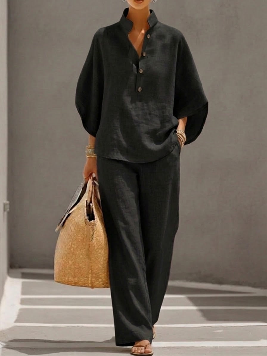 Eszter™ - Conjunto de algodón con mangas murciélago y pantalón de pierna ancha
