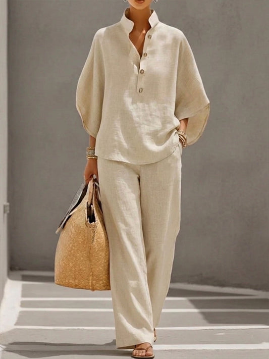 Eszter™ - Conjunto de algodón con mangas murciélago y pantalón de pierna ancha