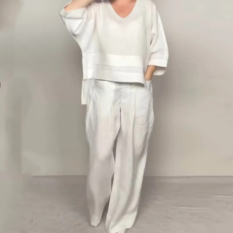 Liza - Conjunto de algodón de 2 piezas con escote en V y pantalón de pierna ancha