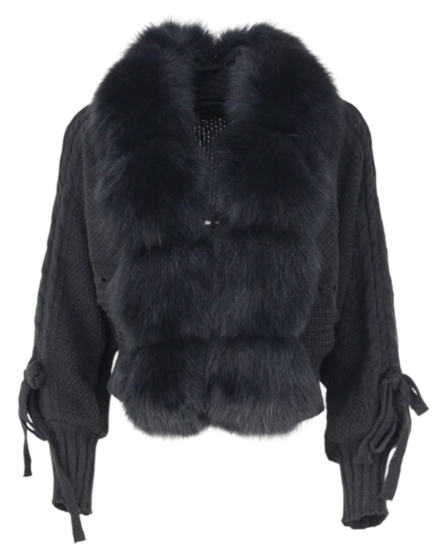 Yasi - Cardigan de lana con cuello de piel auténtica negro